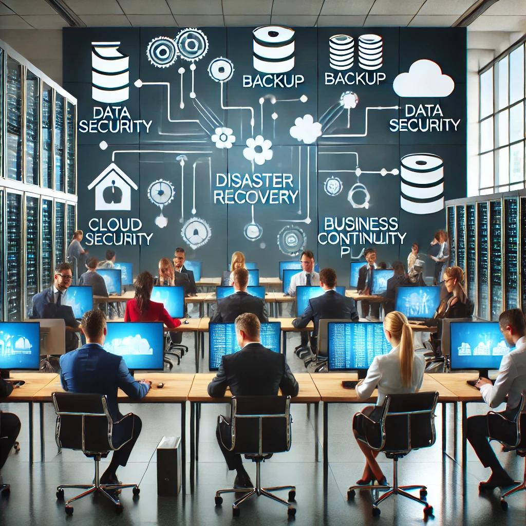 A modern office with diverse employees working on computers and servers. In the background, a digital display shows a disaster recovery plan with interconnected icons representing data security, backup, cloud storage, and business continuity, emphasizing the importance of preparedness and resilience in business operations.