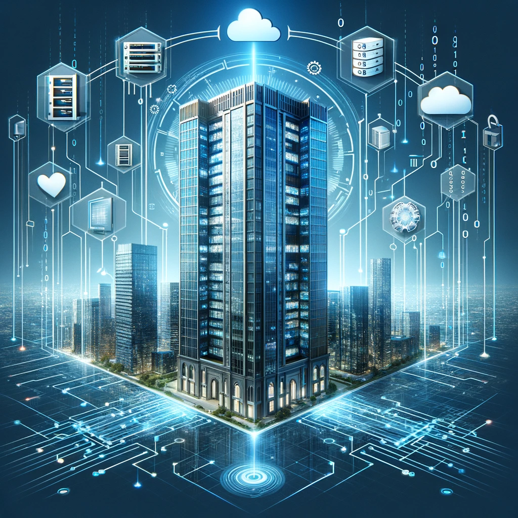 The image presents a visually rich portrayal of a modern skyscraper at the heart of a high-availability building management system. The building is encircled by a dynamic network of digital connections, symbolizing seamless data exchange and system integration. Notable are the floating icons of server racks, cloud computing symbols, and cascading binary code, representing real-time data replication and cloud-based solutions. These elements converge on the central structure, emphasizing its importance in a digitally interconnected environment. The atmosphere is illuminated by a futuristic blue and metallic color scheme, suggesting innovation, stability, and the advanced nature of smart building operations.