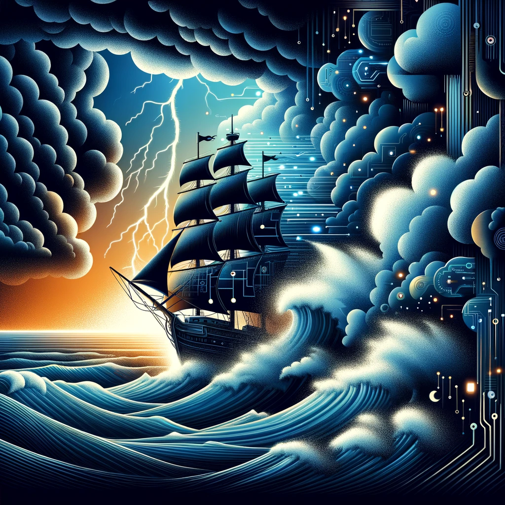 An evocative image depicting a ship navigating through a tumultuous storm, symbolizing a brand's resilience during IT downtime. The ship, braving dark clouds and lightning, is adorned with digital and circuitry patterns on its sails, emphasizing the technological challenges faced. This scene captures the essence of urgency, preparedness, and the critical importance of maintaining brand reputation in the face of technological crises, with a color palette of stormy blues, grays, and highlights of bright colors symbolizing hope and resilience.