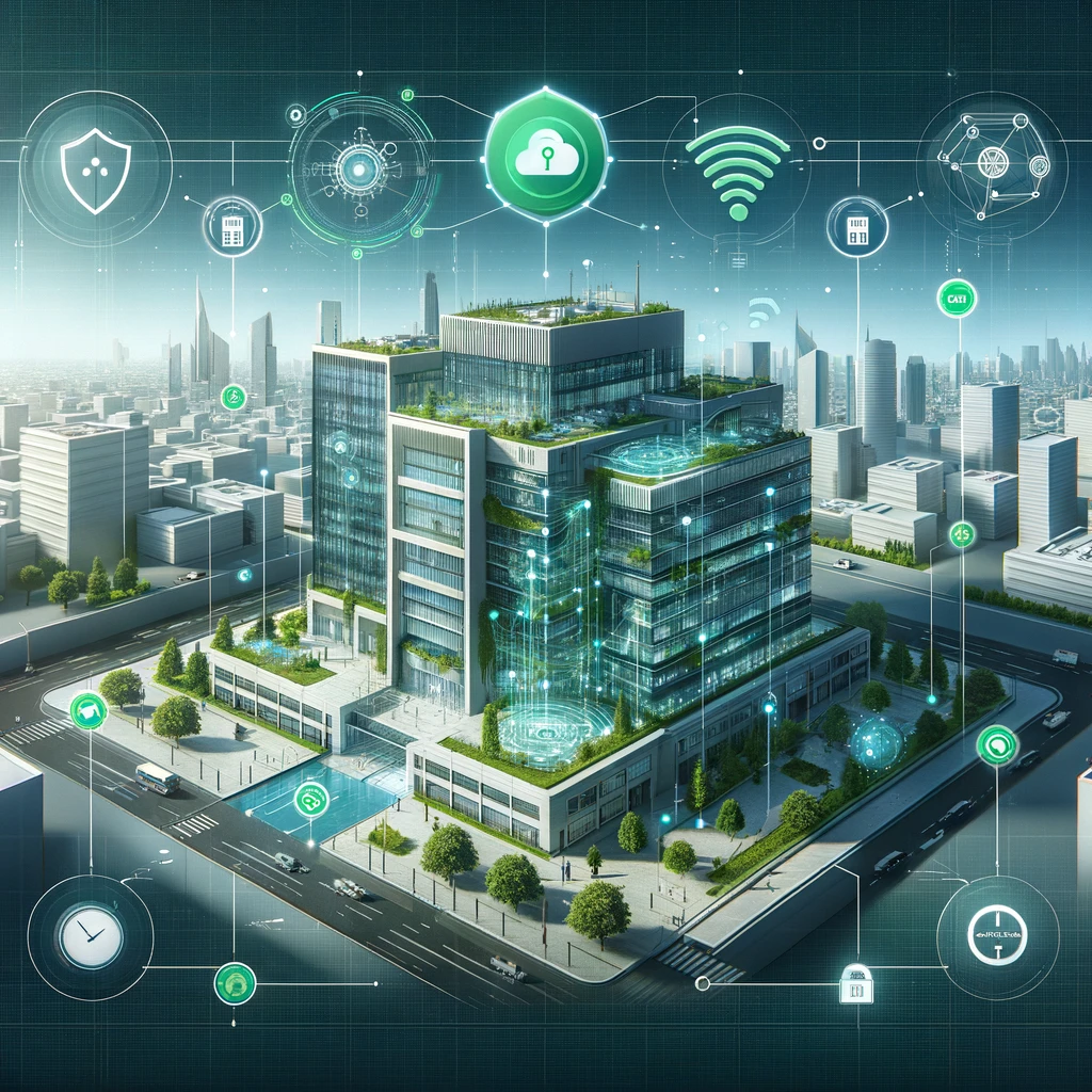 An engaging feature image for a blog post, illustrating the concept of high availability in Schneider Electric's EcoStruxure Building Operation software. The design showcases a modern, smart building seamlessly integrated with network symbols representing redundancy and uptime, underpinned by the subtle inclusion of the Schneider Electric logo. The color scheme of green and white reflects the brand's focus on sustainability and efficiency, conveying a message of reliability, innovation, and advanced technology in building management systems.